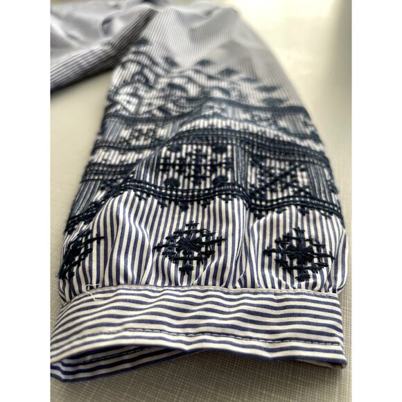 Soft Surroundings Sz L Embroidered Top Blue Striped Cruise Coastal Boho Casual - Picture 10 of 15